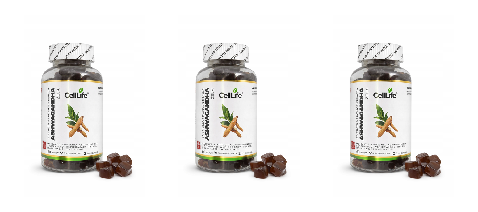 Suplement diety ASHWAGANDHA energia i koncentracja 60 żelków Cell-Life — Pakiet 3 szt.