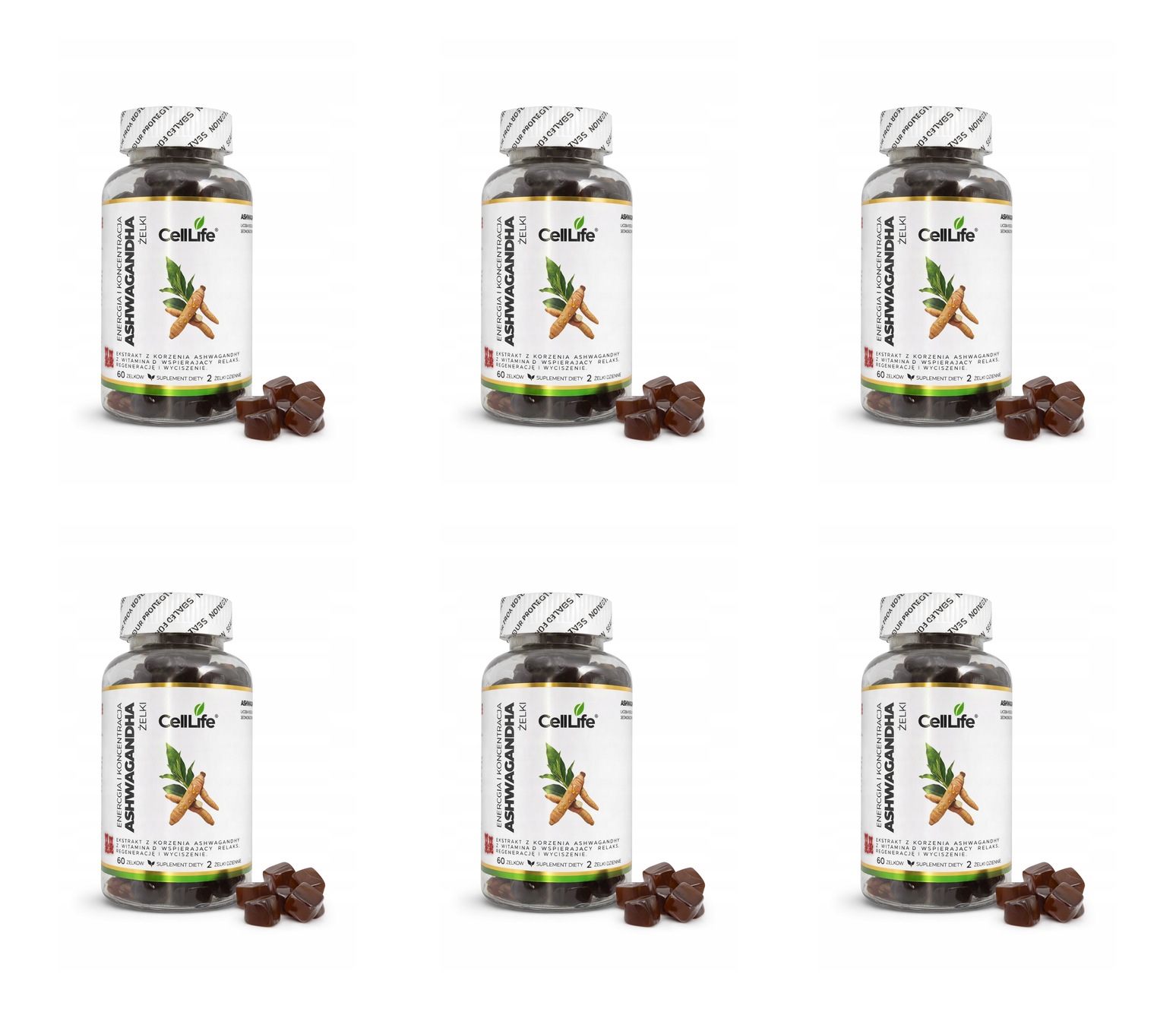Suplement diety ASHWAGANDHA energia i koncentracja 60 żelków Cell-Life — Pakiet 6 szt.