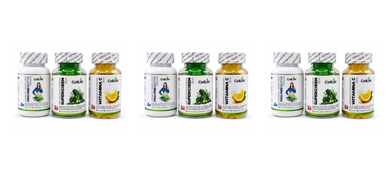 Suplementy diety Cell Life Odporność Jelita Witamina C SuperGreen Prebiotyk — Pakiet 3 szt.