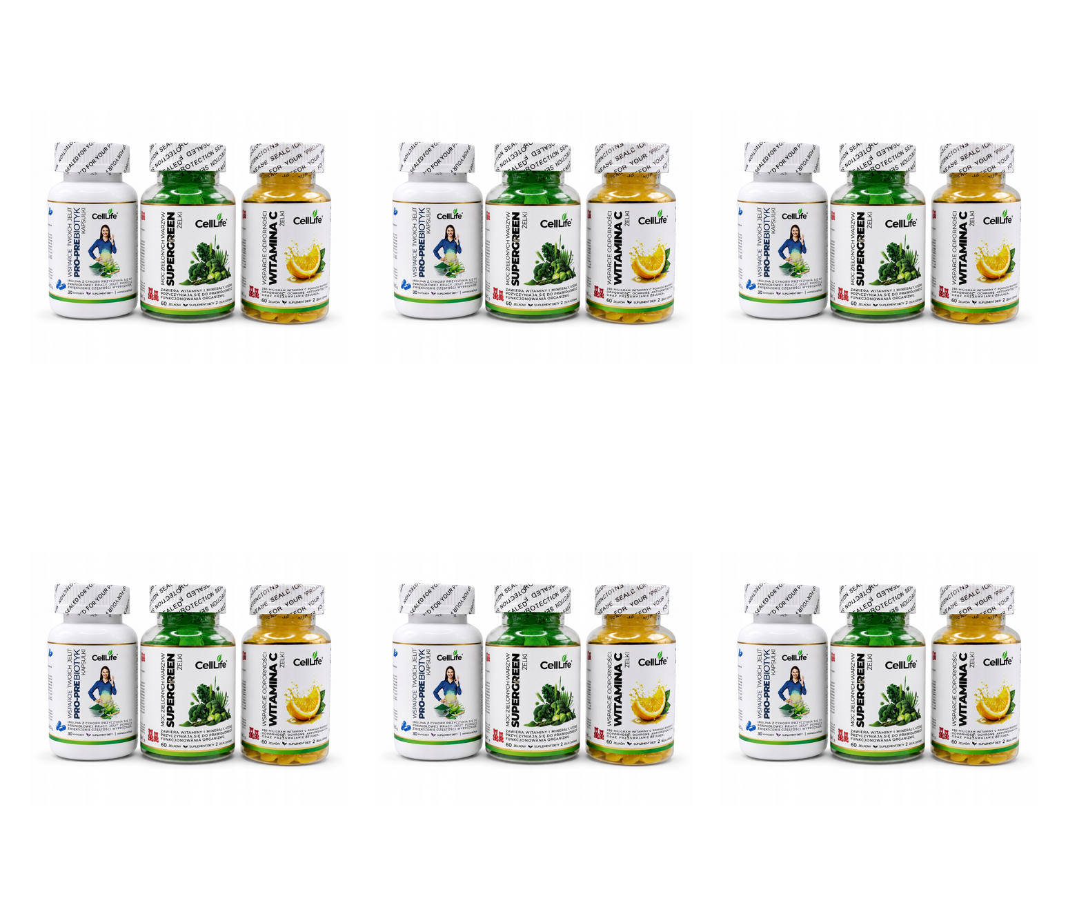 Suplementy diety Cell Life Odporność Jelita Witamina C SuperGreen Prebiotyk — Pakiet 6 szt.