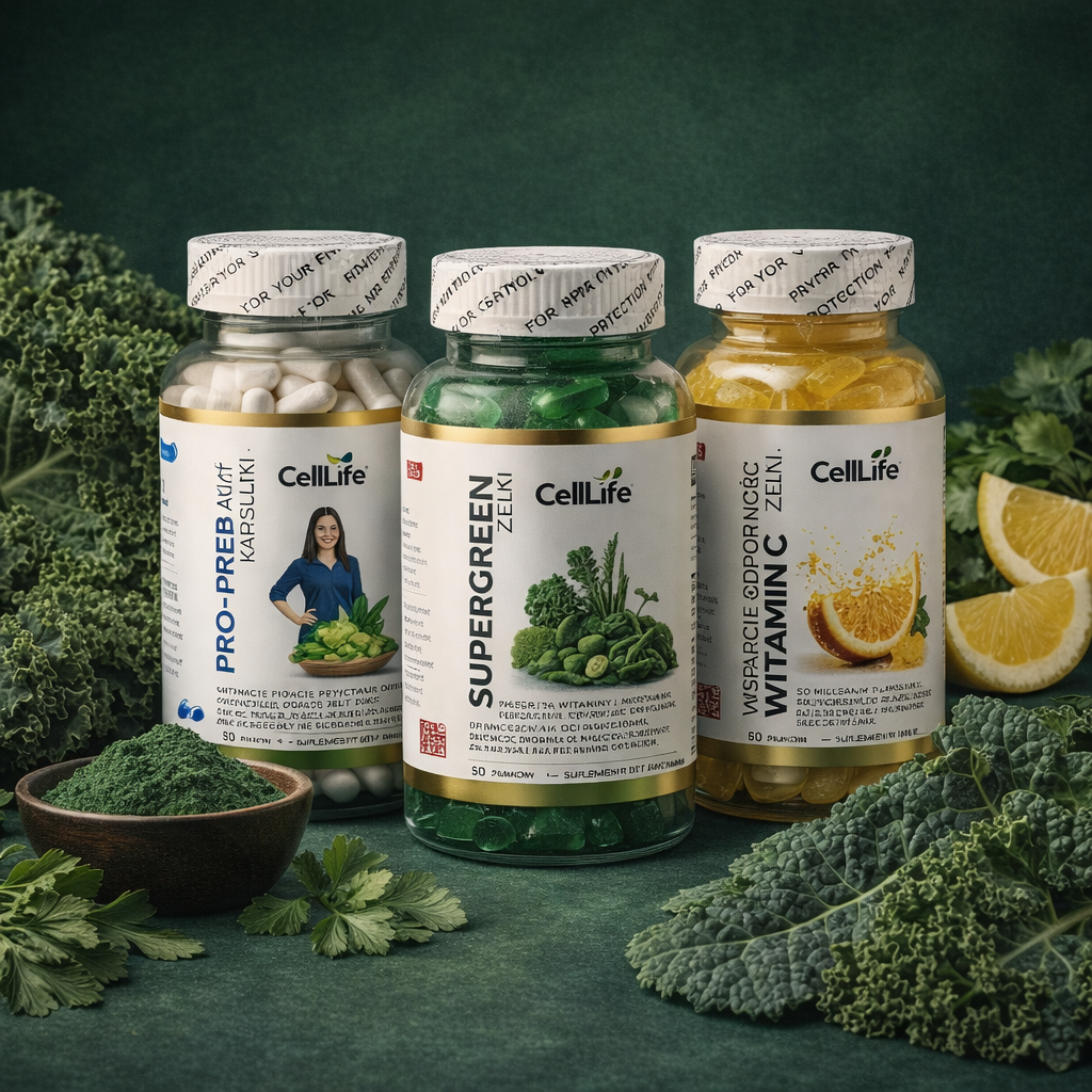 Suplementy diety Cell Life Odporność Jelita Witamina C SuperGreen Prebiotyk