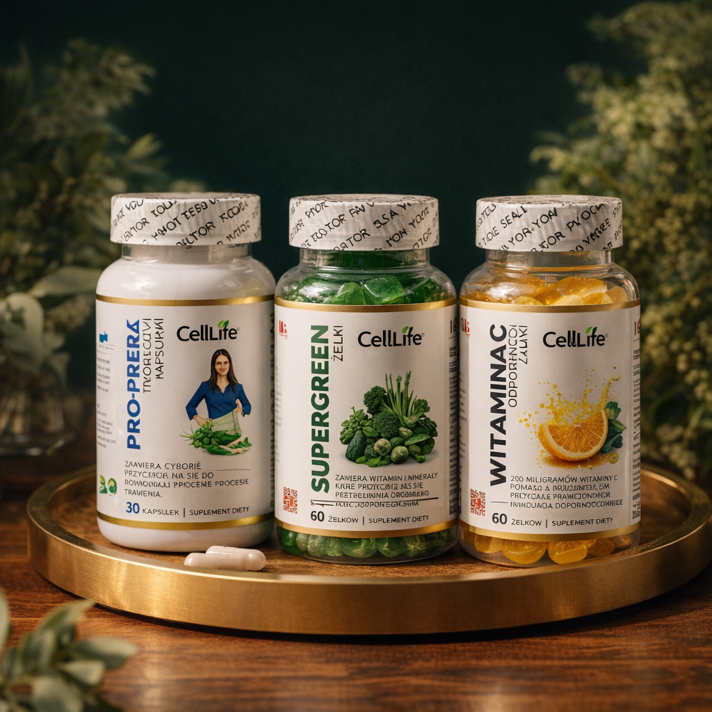 Suplementy diety Cell Life Odporność Jelita Witamina C SuperGreen Prebiotyk