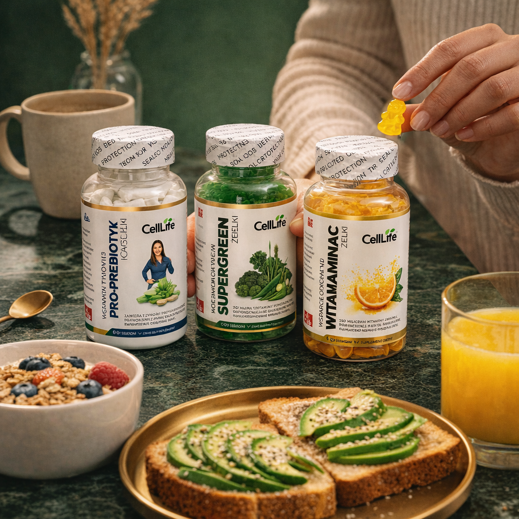 Suplementy diety Cell Life Odporność Jelita Witamina C SuperGreen Prebiotyk